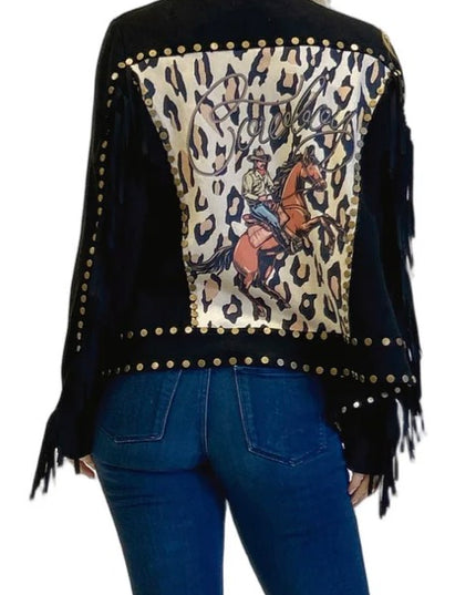Leopard Panel Stud Jacket  in Black