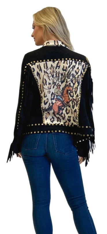 Leopard Panel Stud Jacket  in Black
