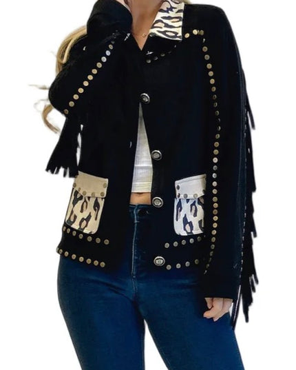 Leopard Panel Stud Jacket  in Black