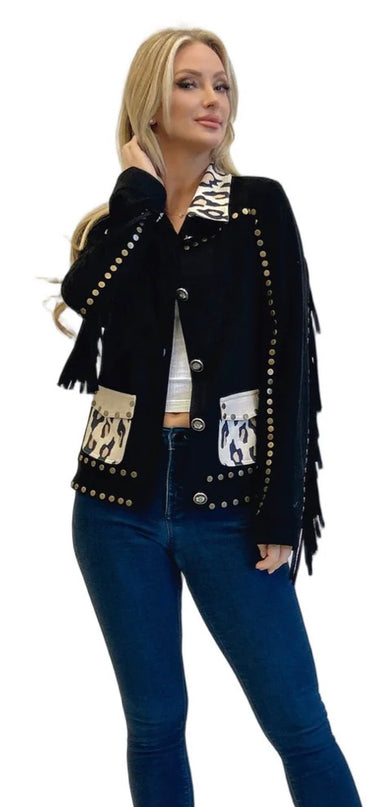 Leopard Panel Stud Jacket  in Black
