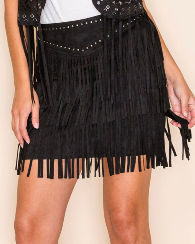 Vocal Fringed skirt with studded upper - black