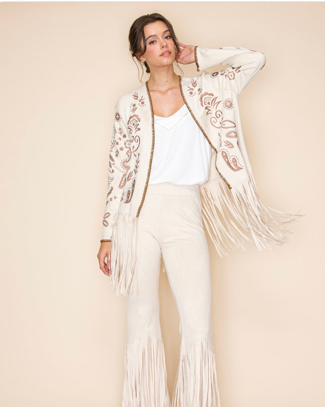Voc Cream Embroided Cardigan with Fringe