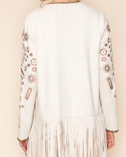 Cream Embroided Cardigan with Fringe