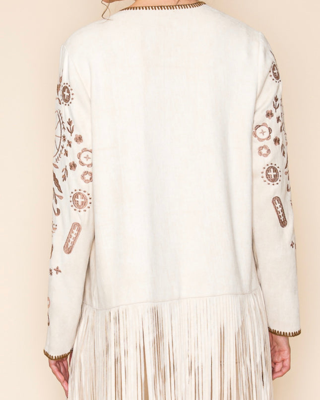 Voc Cream Embroided Cardigan with Fringe