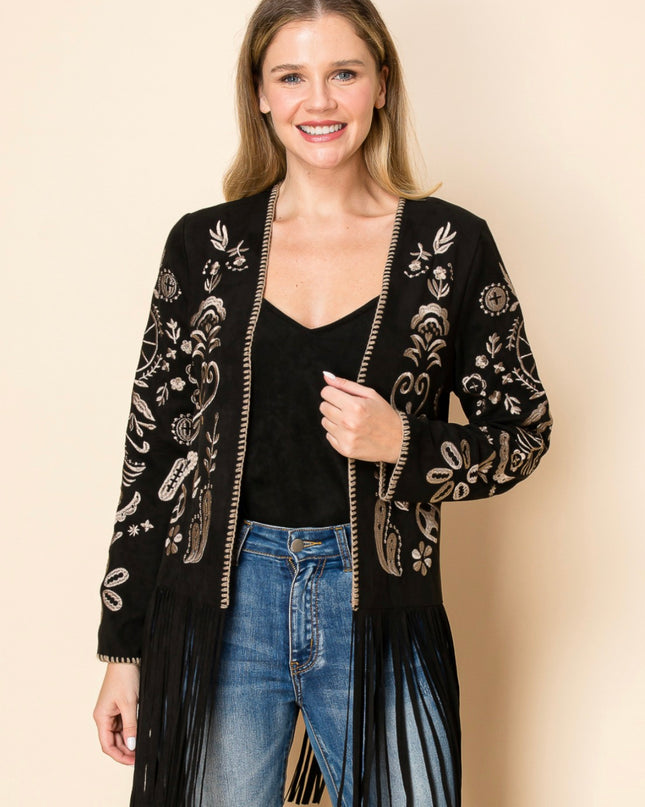 Voc Black Embroided Cardigan with Fringe