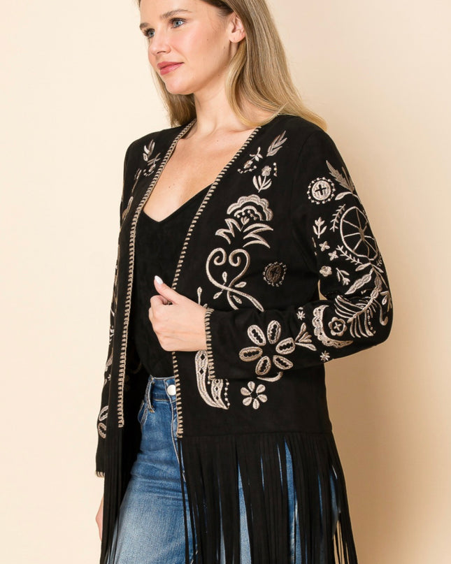 Voc Black Embroided Cardigan with Fringe