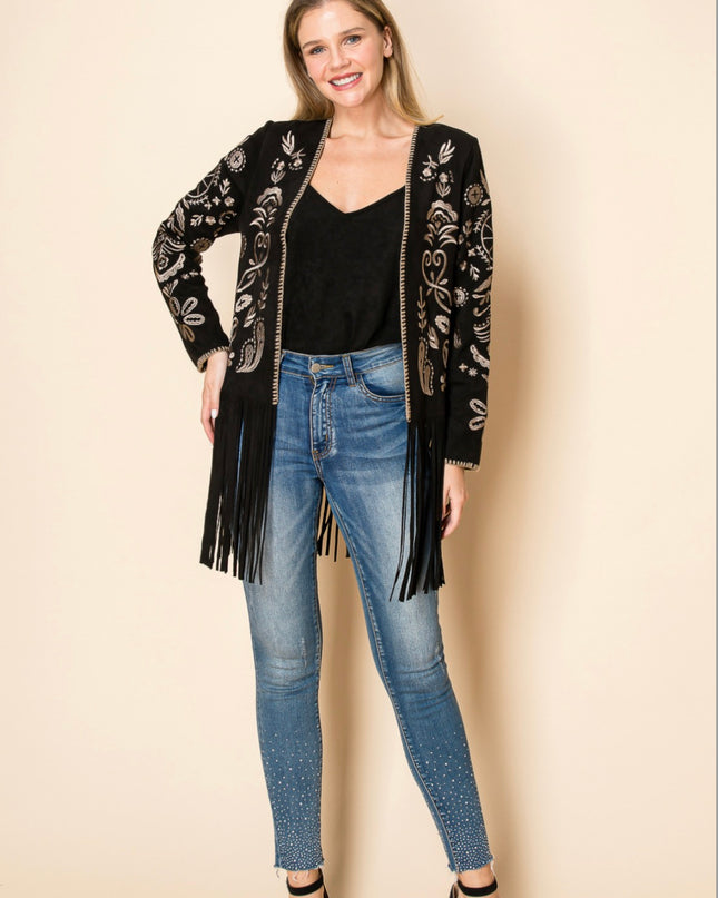 Voc Black Embroided Cardigan with Fringe