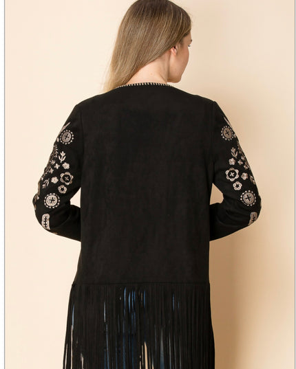 Black Embroided Cardigan with Fringe