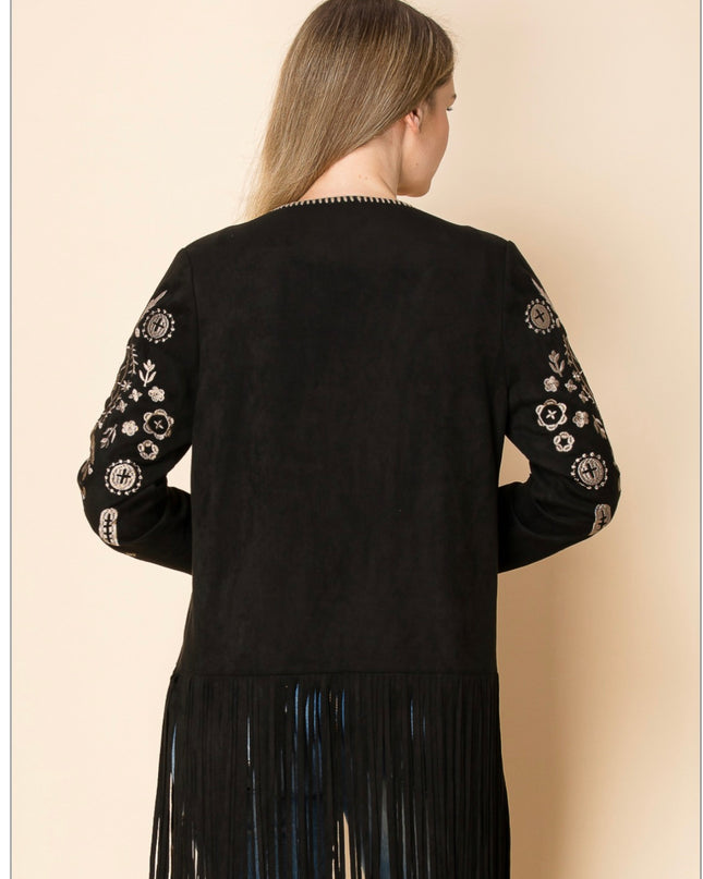 Voc Black Embroided Cardigan with Fringe