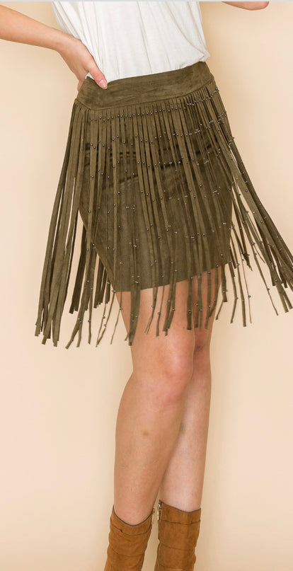 Voc Stud on Fringe Skirt- Olive
