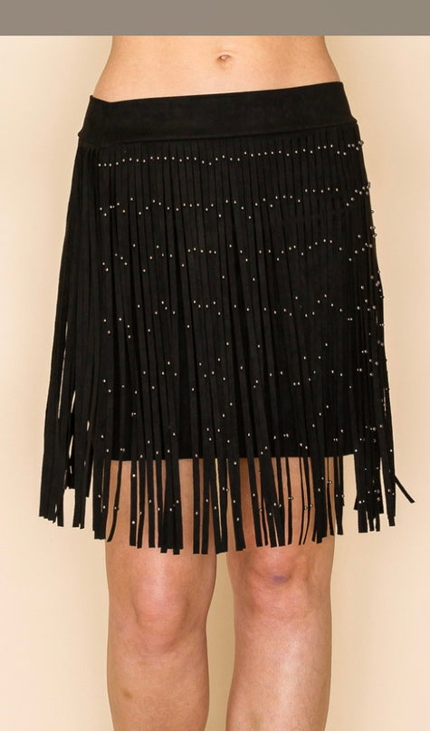 Voc Stud on Fringe Skirt- Black