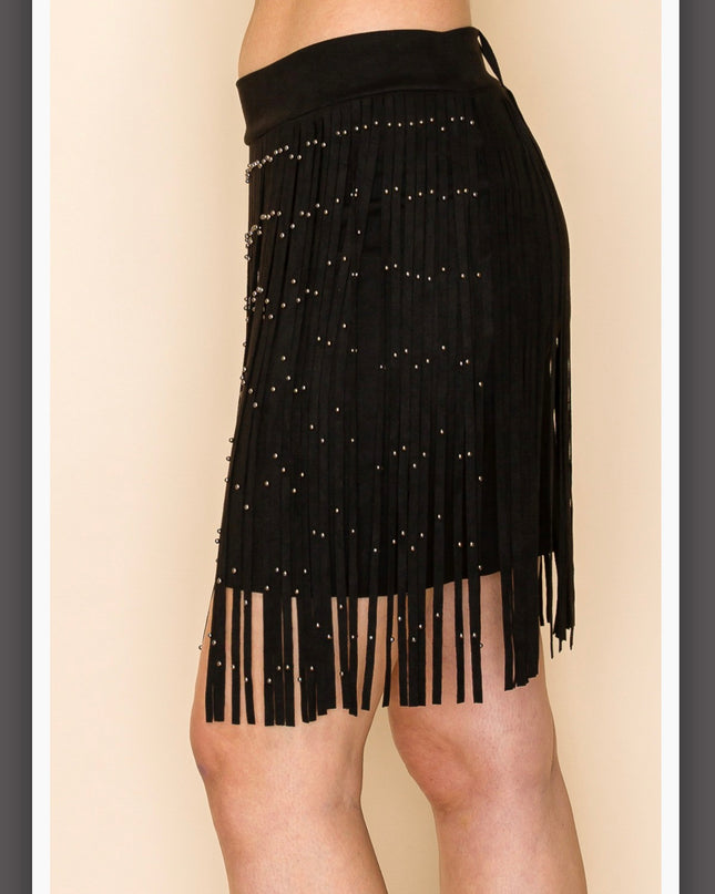 Voc Stud on Fringe Skirt- Black