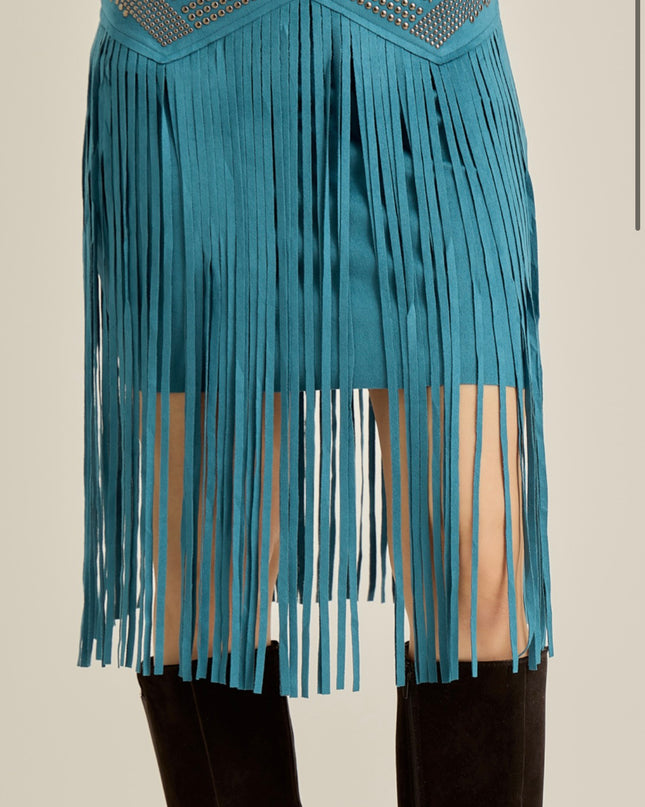 Vocal Fringed skirt with chevron studded upper - Turquoise