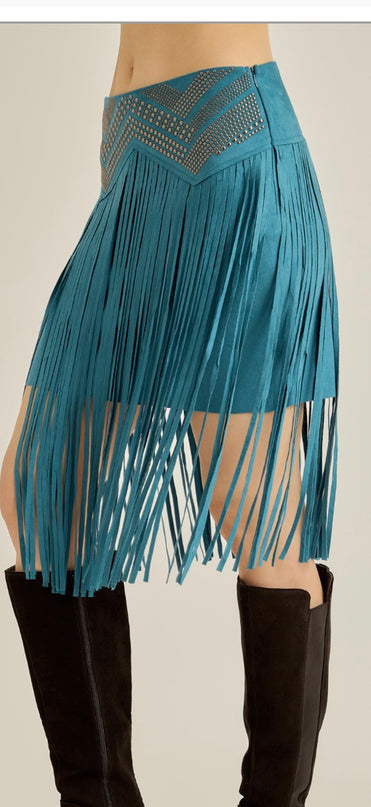 Vocal Fringed skirt with chevron studded upper - Turquoise