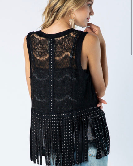 Voc Lace Longer Vest with studs on Fringe Black