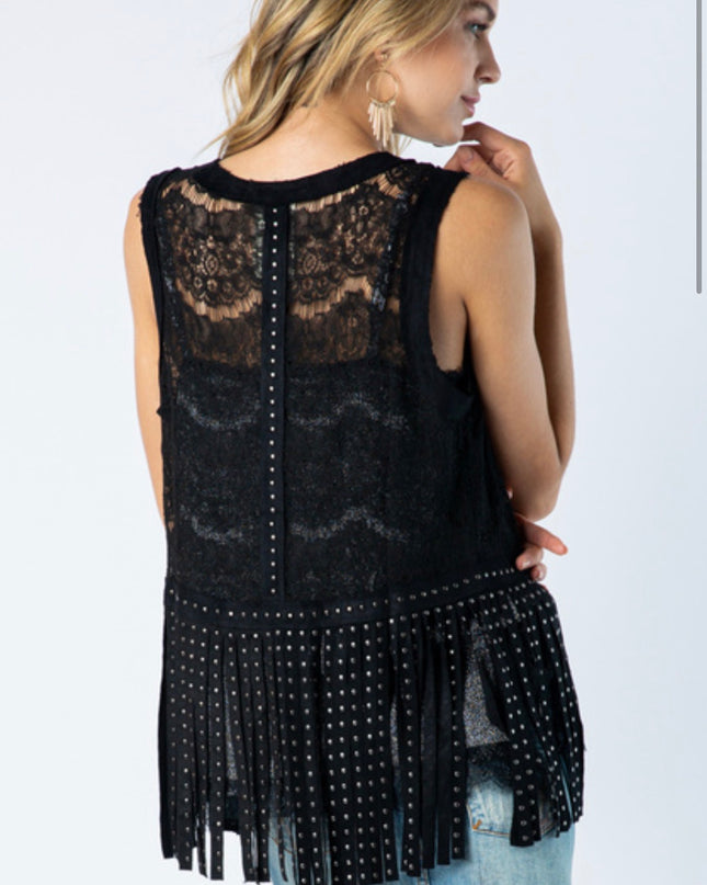 Voc Lace Longer Vest with studs on Fringe Black