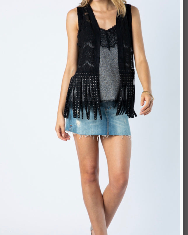 Voc Lace Longer Vest with studs on Fringe Black