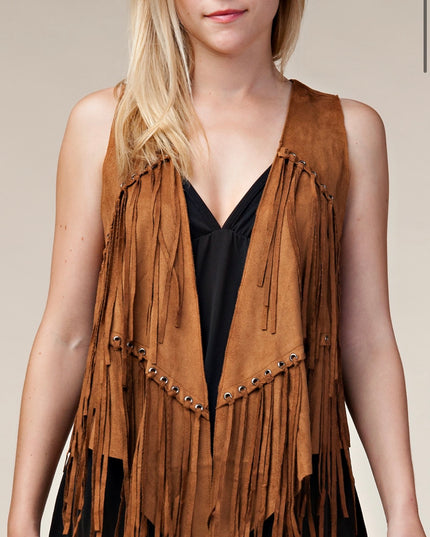 Voc Camel Rivet Vest with Fringe