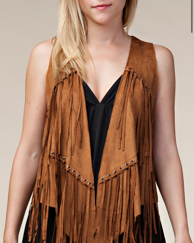 Voc Camel Rivet Vest with Fringe