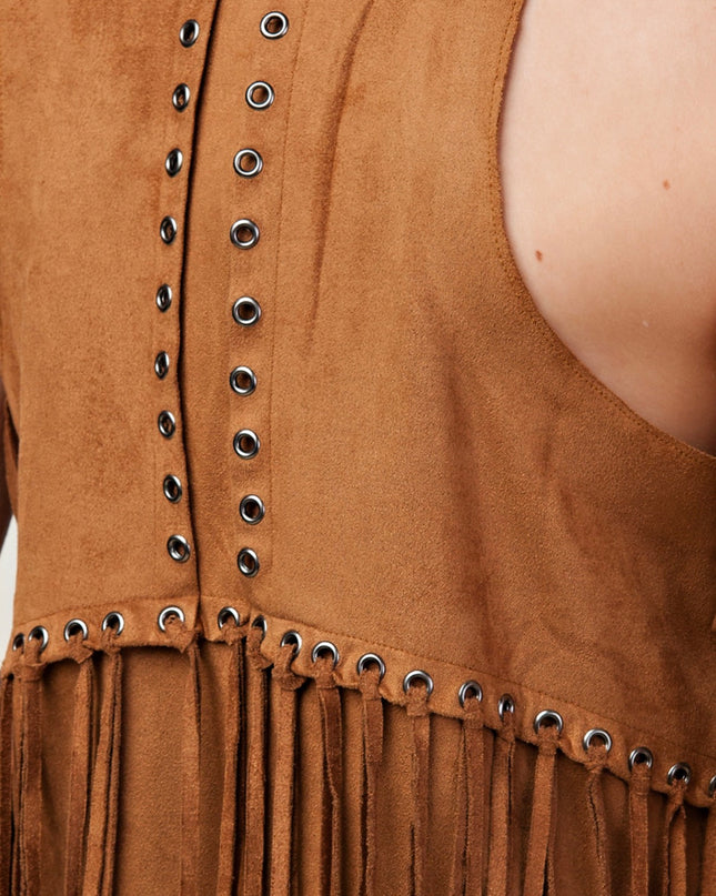 Voc Camel Rivet Vest with Fringe