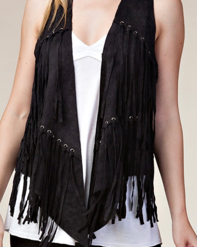 Voc Black Rivet Vest with Fringe