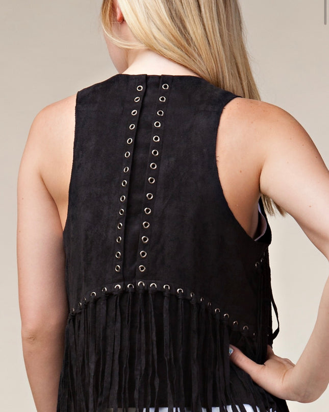 Voc Black Rivet Vest with Fringe