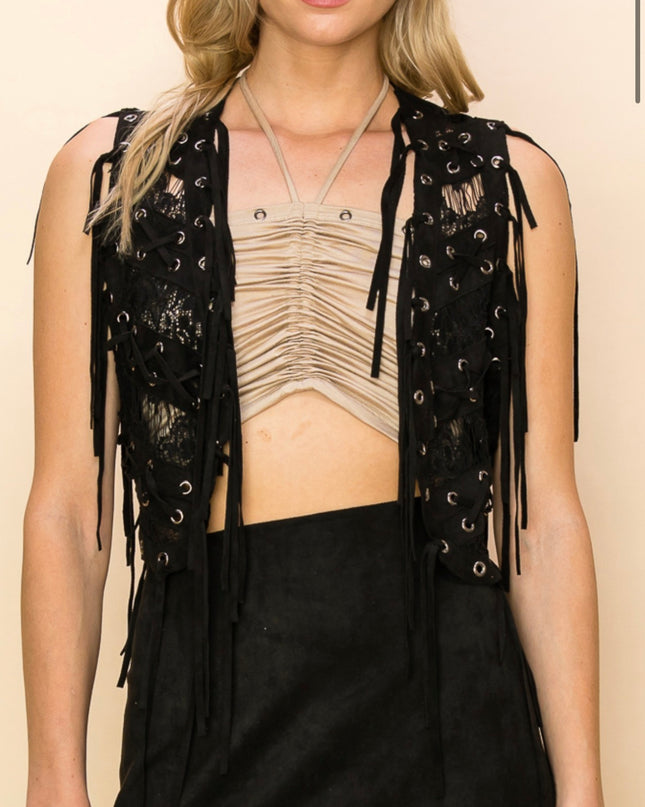 Voc Black Eyelet Bolero Fringe Vest