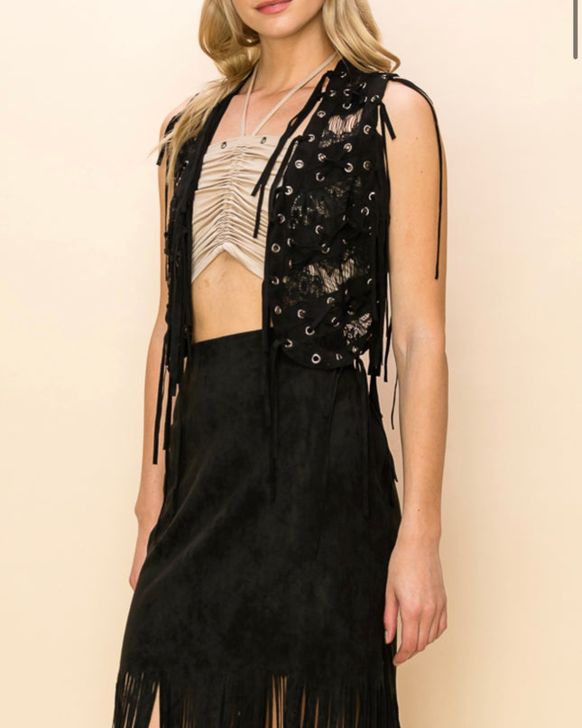 Voc Black Eyelet Bolero Fringe Vest