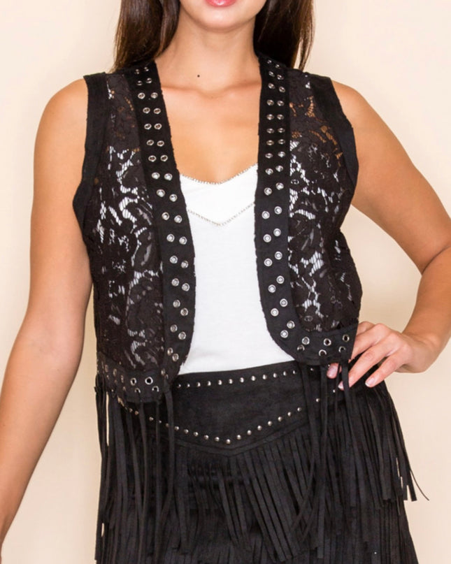 Voc Lace Vest with Fringe on Bottom only Black