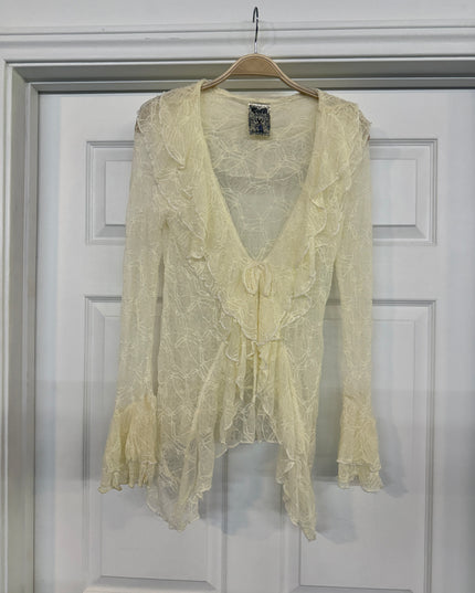 Voc Cream Ruffled Lace Cardigan with Tie