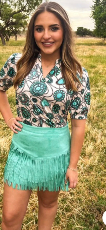 SK Fringe Skirt/Short Teal green