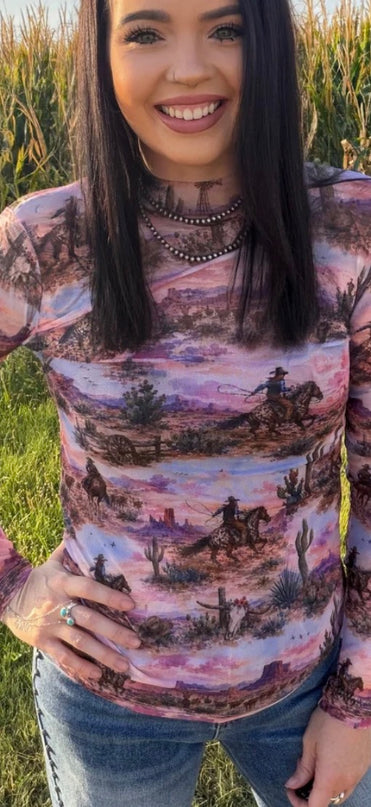 SK Mesh Sunsets Pink Cowboy Country