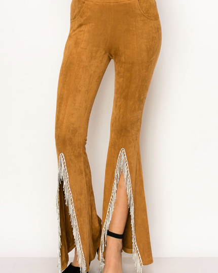 Camel Suede Rhinestone Fringe Pants
