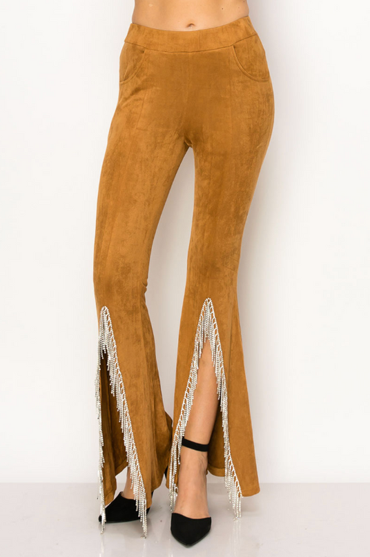 Camel Suede Rhinestone Fringe Pants