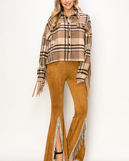 Camel Suede Rhinestone Fringe Pants