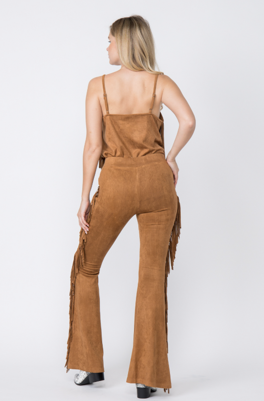 Camel Suede Side Fringe Pants