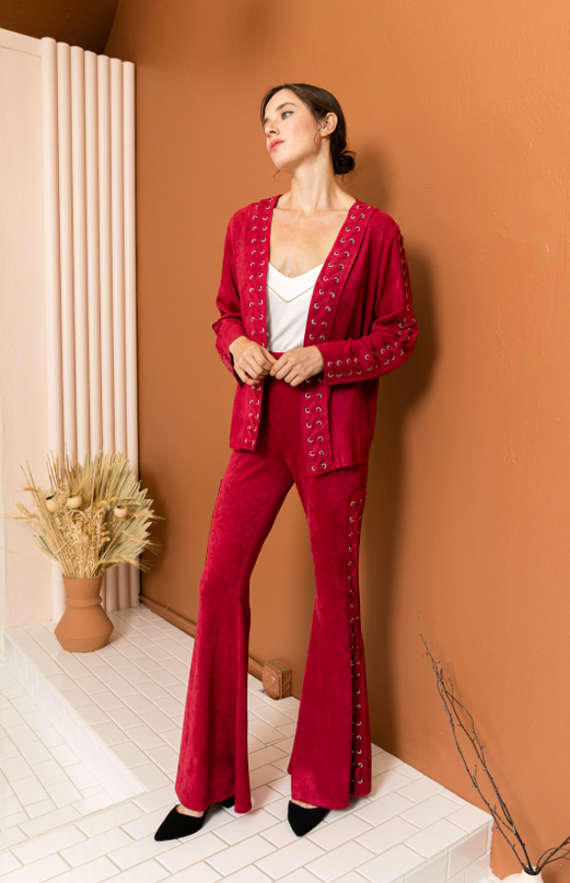 Burgundy Cross Flare Lace Up Pants