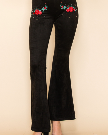 Embroidered Rose Flare Pants