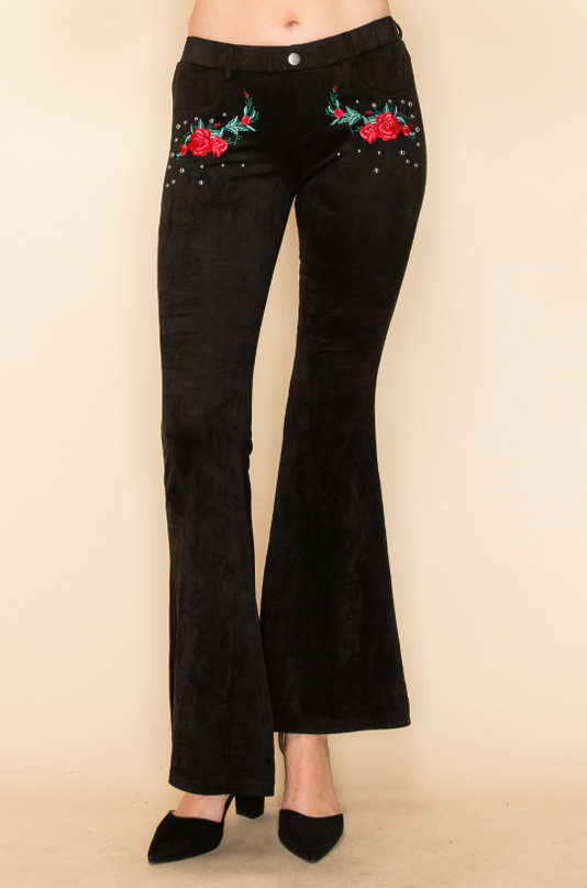 Embroidered Rose Flare Pants
