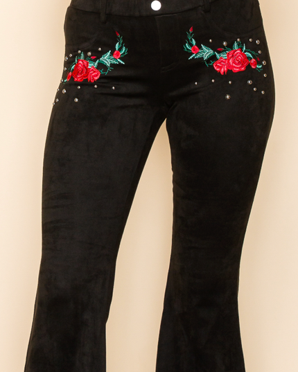 Embroidered Rose Flare Pants