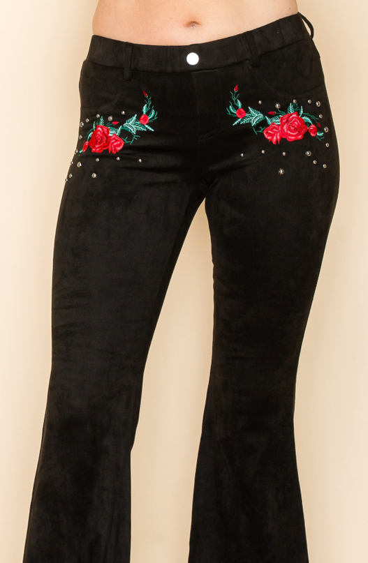 Embroidered Rose Flare Pants