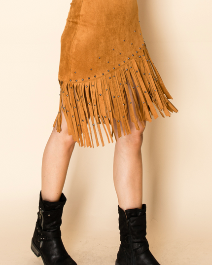 Camel Rivet Fringe Skirt