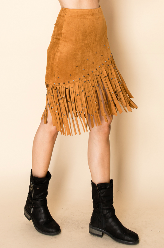 Camel Rivet Fringe Skirt