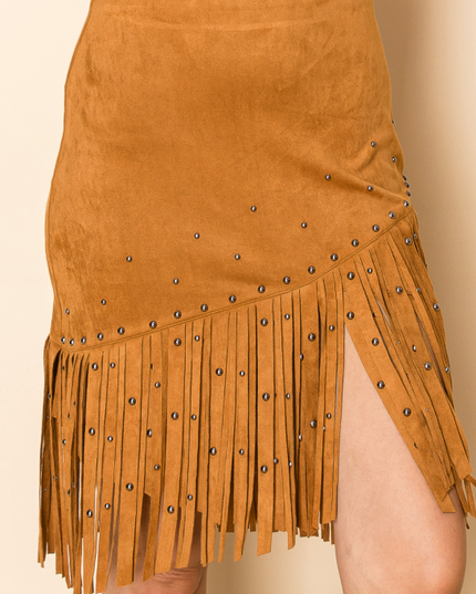 Camel Rivet Fringe Skirt