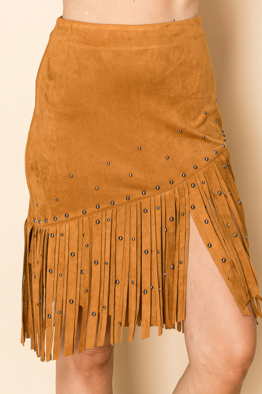 Camel Rivet Fringe Skirt