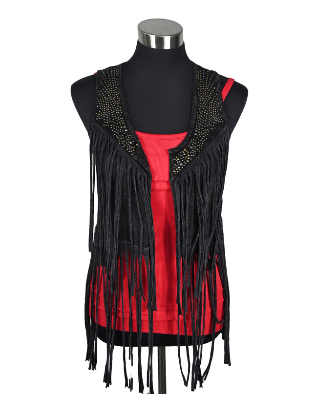 Black Stone Wash Nail Head Fringe Vest