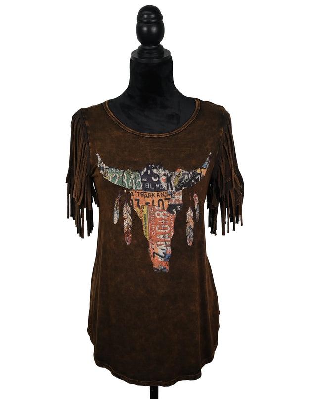Stone Wash Brown Fringe Tee – License Plate Longhorn