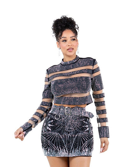 Mesh Crystal Stripe Crop Top