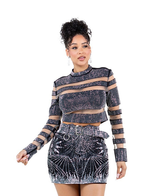 Mesh Crystal Stripe Crop Top
