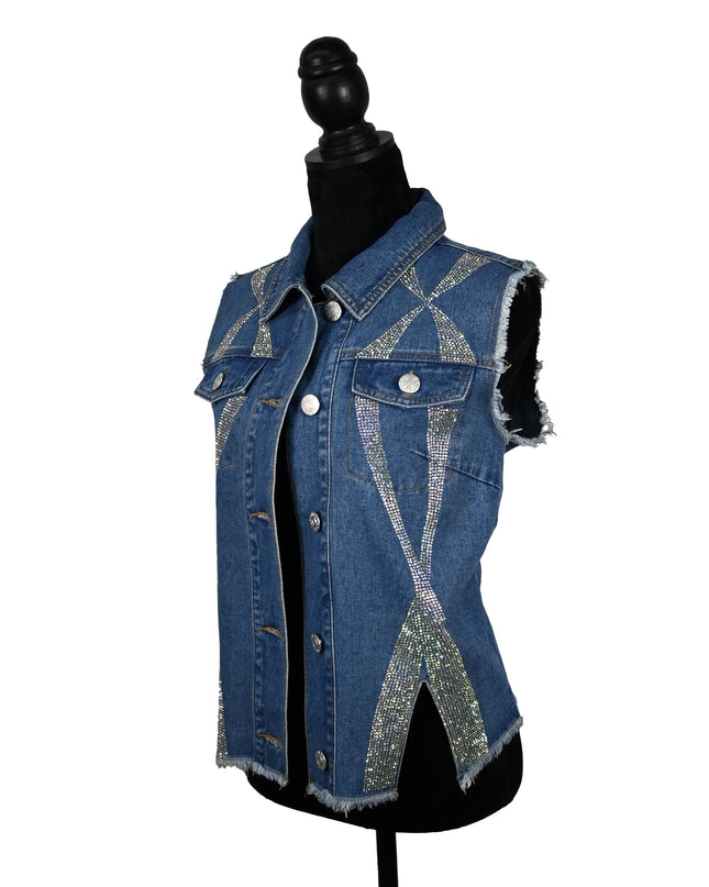 Rhinestone Denim Vest with Metal Buttons